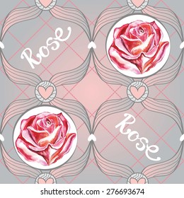 Decorative seamless pattern with hand-drawn watercolor rose