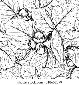 Decorative seamless pattern with hazelnuts and leaves. Background for fabric design, gift wrapping paper and printing and web projects