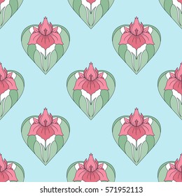 Decorative seamless pattern of hearts with a flower in pastel blue and pink colors. Valentines day symbol of love in Art Deco style. Spring print for gift paper. Vector Illustration.