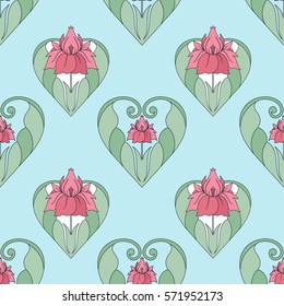 Decorative seamless pattern of hearts with a flower in pastel blue and pink colors. Valentines day symbol of love in Art Deco style. Spring print for gift paper. Vector Illustration.