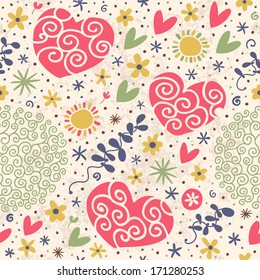 Decorative seamless pattern with hearts and flowers. Curly endless texture, template for design and decoration
