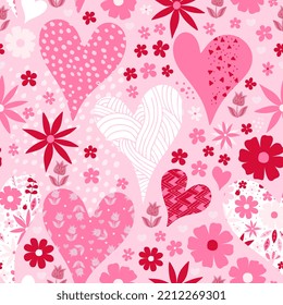 Decorative seamless pattern with hearts and flowers in pink colors. Beautiful vector design for Valentines day.