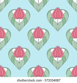 Decorative seamless pattern of hearts with tulip flower in pastel blue and pink colors. Valentines day symbol of love in Art Deco style. Print for gift paper. Vector Illustration.