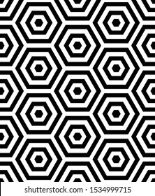 Decorative seamless pattern with hexagons ornament. Black tracery shapes on white background. Vector endless texture for digital paper, fabric, backdrop or wrapping