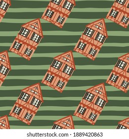 Patrón decorativo sin fisuras con elementos de color naranja caricaturizado de la casa. Fondo de rayas verdes. Perfecto para el diseño de tela, impresión textil, envoltura, cubierta. Ilustración vectorial.