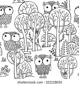 Decorative Seamless pattern with image of a cartoon owls in the forest. Vector black and white illustration.
