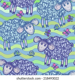 Decorative seamless pattern with the image of sheep and butterflies
