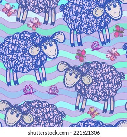 Decorative seamless pattern with the image of sheep and butterflies