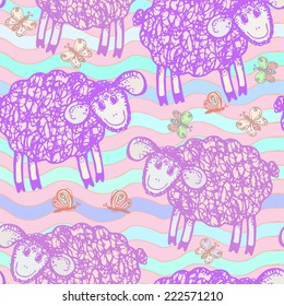 Decorative seamless pattern with the image of sheep and butterflies 