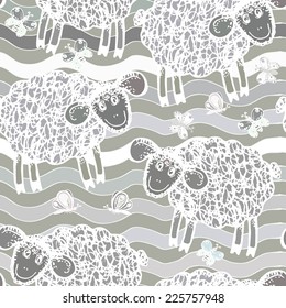 Decorative seamless pattern with the image of sheep and butterflies 