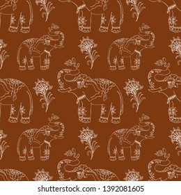 Decorative seamless pattern in indian style with elephant outline, vector