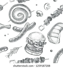 Decorative seamless pattern with Ink hand drawn meat products and grilled dishes. Food elements texture for your design. Vector illustration.