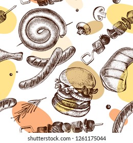 Decorative seamless pattern with Ink hand drawn meat products and grilled dishes. Food elements texture for your design. Vector illustration.