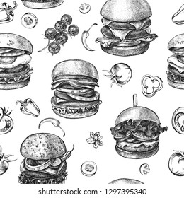 Decorative seamless pattern with Ink hand drawn different types of burgers. Food elements texture for your design. Vector illustration.