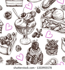 Decorative seamless pattern with Ink hand drawn berry pies, cakes, desserts, pastries. Food elements texture for your design. Vector illustration.