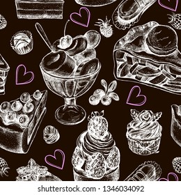 Decorative seamless pattern with Ink hand drawn berry pies, cakes, desserts, pastries. Food elements texture for your design. Vector illustration.