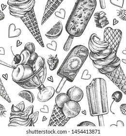 Decorative seamless pattern with Ink hand drawn different types of ice cream and Popsicle on a stick. Food elements texture for your design. Vector illustration.