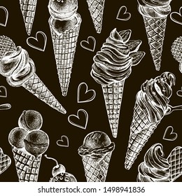 Decorative seamless pattern with Ink hand drawn different types of ice cream and italian gelato. Food elements texture for your design. Vector illustration.