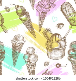 Decorative seamless pattern with Ink hand drawn different types of ice cream and italian gelato. Food elements texture for your design. Vector illustration.
