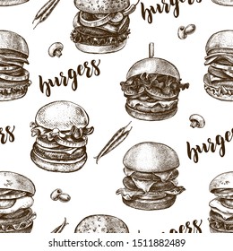 Decorative seamless pattern with Ink hand drawn different types of burgers. Food elements texture for your design. Vector illustration.