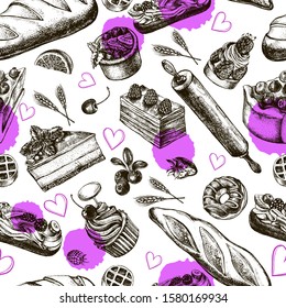 Decorative seamless pattern with Ink hand drawn cakes, pastries, bread. Food elements texture for your design. Vector illustration.