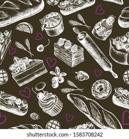Decorative seamless pattern with Ink hand drawn cakes, pastries, bread. Food elements texture for your design. Vector illustration.