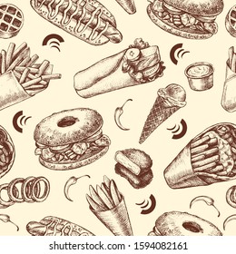 Decorative seamless pattern with Ink hand drawn street food - bagel, french fries, ice cream, gyros. Food elements texture for your design. Vector illustration.