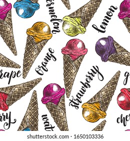 Decorative seamless pattern with Ink hand drawn ice cream, italian gelato. Food elements texture for your design. Vector illustration.