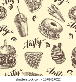 Decorative seamless pattern with Ink hand drawn street food - bagel, french fries, cupcake, waffle, donut. Food elements texture for your design. Vector illustration.
