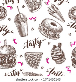 Decorative seamless pattern with Ink hand drawn street food - bagel, french fries, cupcake, waffle, donut. Food elements texture for your design. Vector illustration.