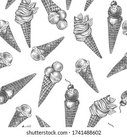Decorative seamless pattern with Ink hand drawn different types of ice cream and italian gelato. Food elements texture for your design. Vector illustration.