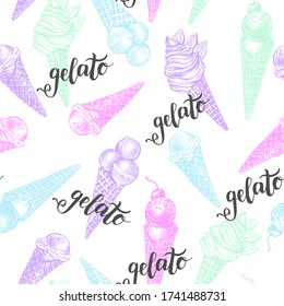 Decorativo patrón sin fisuras con la mano Tinta dibujada de diferentes tipos de helados y gelato italiano. Textura de elementos alimentarios para su diseño. Ilustración vectorial.