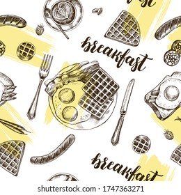 Decorative seamless pattern with Ink hand drawn breakfast dishes - fried eggs with bacon, toasts, sausages, coffee. Food elements texture for your design. Vector illustration.