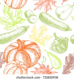 Decorative seamless pattern with Ink hand drawn pumpkins, pears, zucchini and maple, oak leaves. Autumn harvest elements texture. Vector illustration.