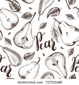 Decorative seamless pattern with Ink hand drawn varied pears. Autumn harvest elements texture. Vector illustration.