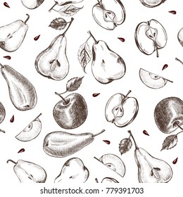 Decorative seamless pattern with Ink hand drawn apples and pears. ripe fruit texture. Vector illustration.
