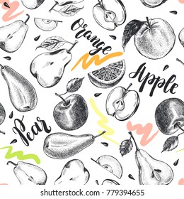 Decorative seamless pattern with Ink hand drawn apples, oranges, pears. ripe fruit texture. Vector illustration.