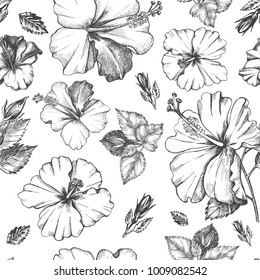 Decorative seamless pattern with ink hand-drawn Tropical hibiscus flowers and leaves. Vector illustration.