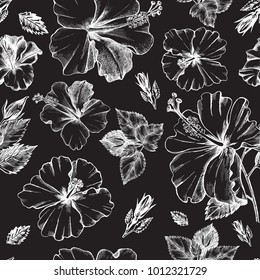Decorative seamless pattern with ink hand-drawn Tropical hibiscus flowers and leaves. Vector illustration.