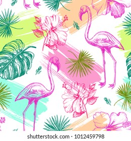 Decorativo patrón sin fisuras con flores de hibisco tropicales dibujadas a mano con tinta, hojas y pájaro flamingo. Ilustración vectorial.