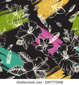 Decorative seamless pattern with ink hand-drawn Tropical hibiscus, magnolia  flowers and leaves. Vector illustration.