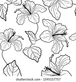 Decorative seamless pattern with ink hand-drawn Tropical hibiscus flowers and leaves. Vector illustration. White background.