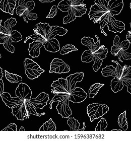 Decorative seamless pattern with ink hand-drawn Tropical hibiscus flowers and leaves. Vector illustration. Black background.