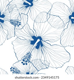 Decorative seamless pattern with ink hand-drawn Tropical hibiscus flowers. Vector illustration. White background.