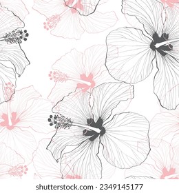 Decorative seamless pattern with ink hand-drawn Tropical hibiscus flowers. Vector illustration. White background.