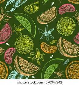 Decorative seamless pattern with ink hand-drawn citrus slices. Vector illustration.