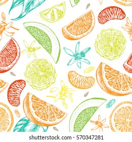 Decorative seamless pattern with ink hand-drawn citrus slices. Vector illustration.