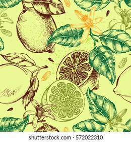 Decorative seamless pattern with ink hand-drawn lemons, leaves and flowers. Vector illustration.