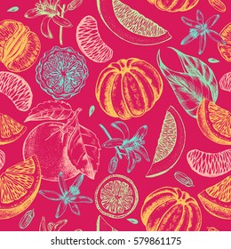 Decorative seamless pattern with ink hand-drawn tangerine and citrus slices. Vector illustration.