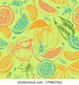 Decorative seamless pattern with ink hand-drawn orange, tangerine and citrus slices. Vector illustration.